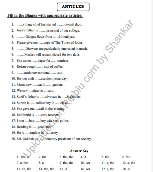 Articles worksheet for Class 2